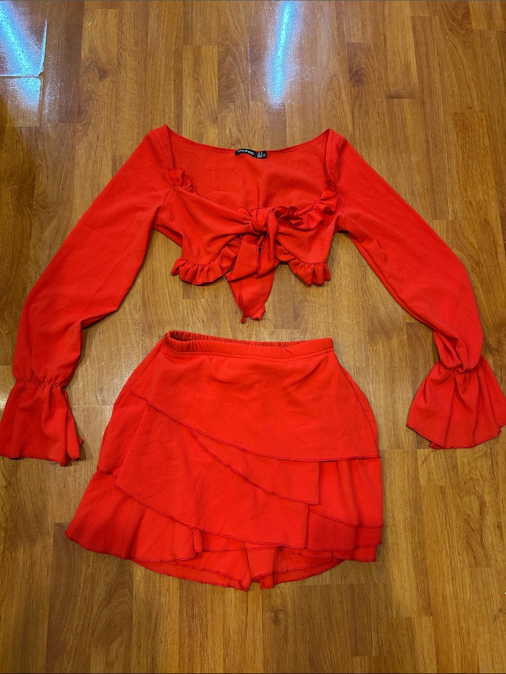 Red Ruffled Tiered Mini Skirt Set - Women